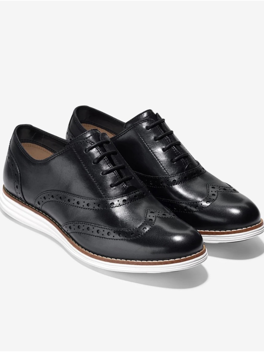 Cole Haan Black Leather Wingtip Flats with White Sole